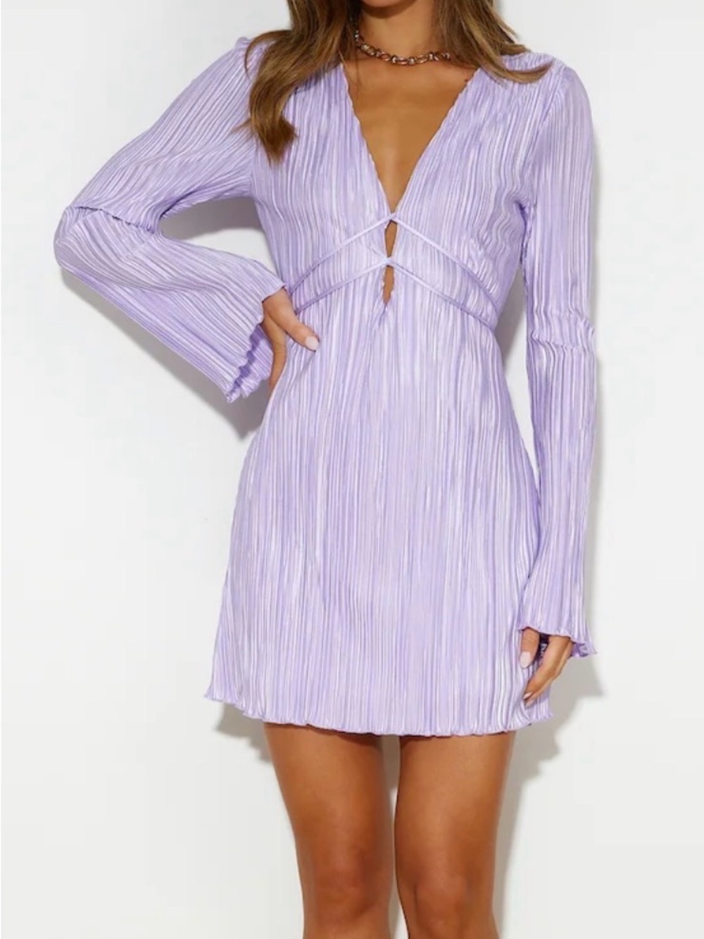 Hello Molly Lilac Pleated Long Sleeve Mini Dress